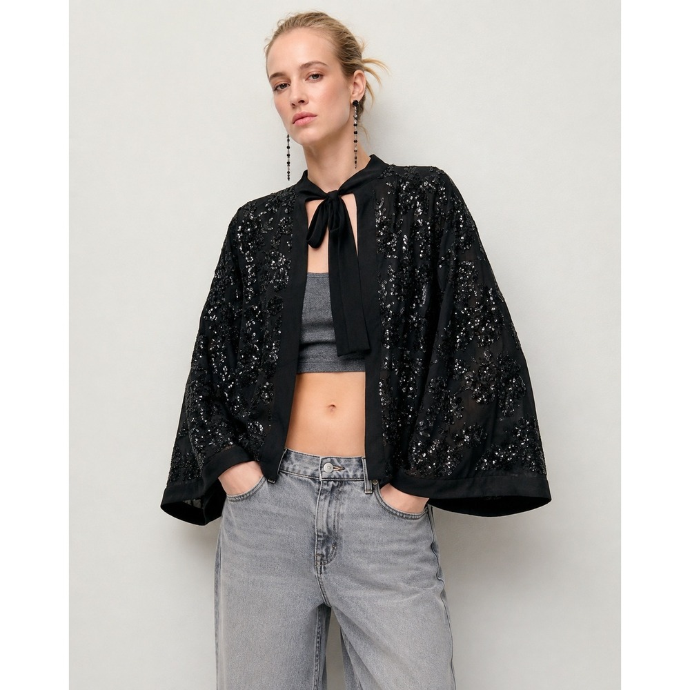 Zara Black Sequin Floral Tie Neck Cape Jacket Shrug Medium